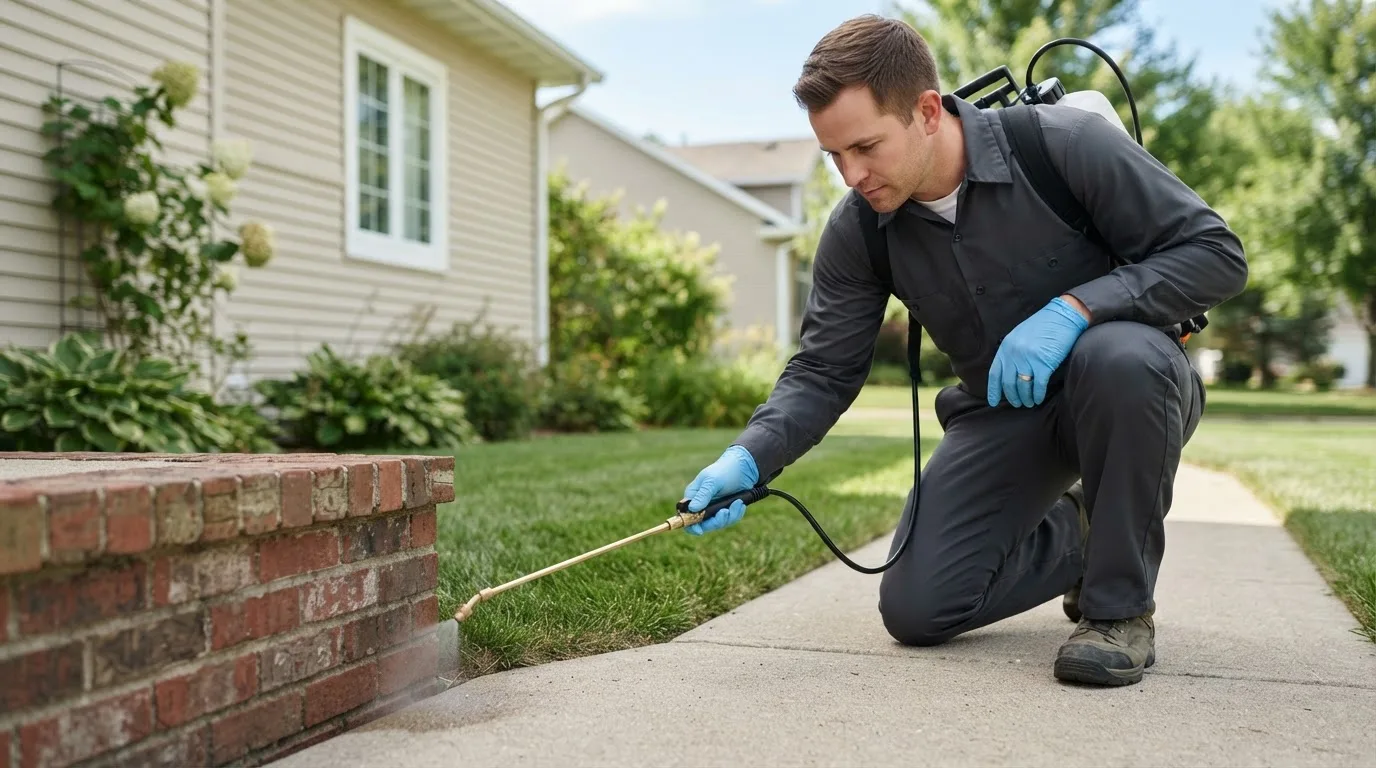 Pest control technician treating a home near Ponder, TX