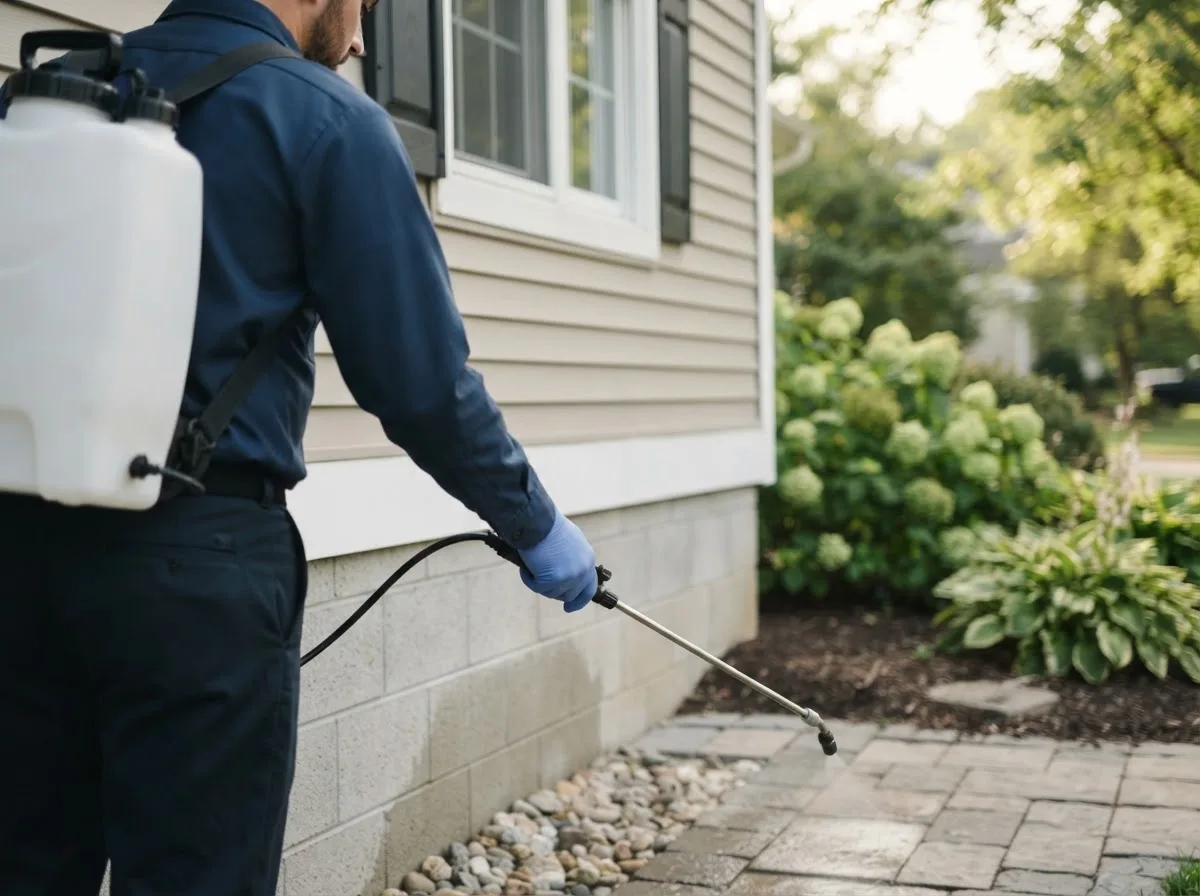 Pest control technician inspecting a home in Ponder, TX